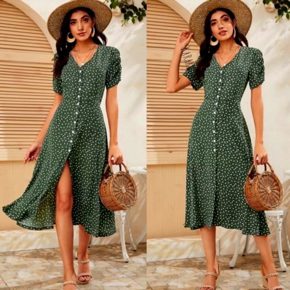 Green print midi dress
